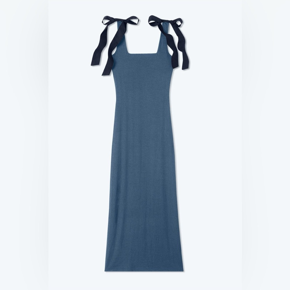 SUMMERSALT The Softest Poplin Ribbed Tie-shoulder Blue Maxi Dress